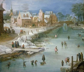 Skaters on a Frozen River Alongside a Town